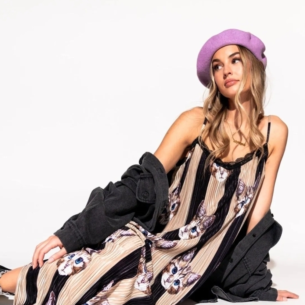 Striped Cat Print Dress with Black Jacket and Purple Beret